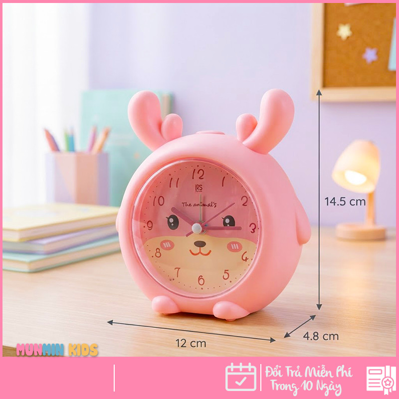 Đồng Hồ Báo Thức Hình Thú Dễ Thương Cho Bé - Thỏ Mèo Hươu Chó, Có Nhạc Đèn Ngủ Báo Lại, Chạy Êm Để Bàn Phòng Ngủ Trẻ Em